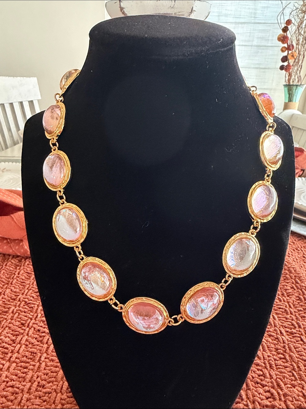 Gold-Link Necklace with Pink Iridescent Glass Cabochons